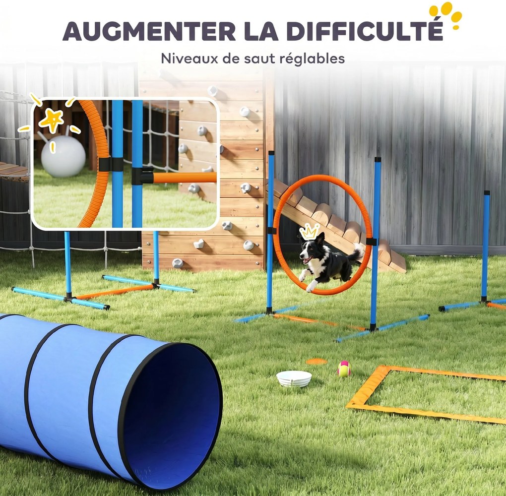 Conjunto de agilidade para cães 350 x 68 x 70 cm de 8 peças com túnel, slaloms, obstáculos ajustáveis e saco de transporte laranja, azul