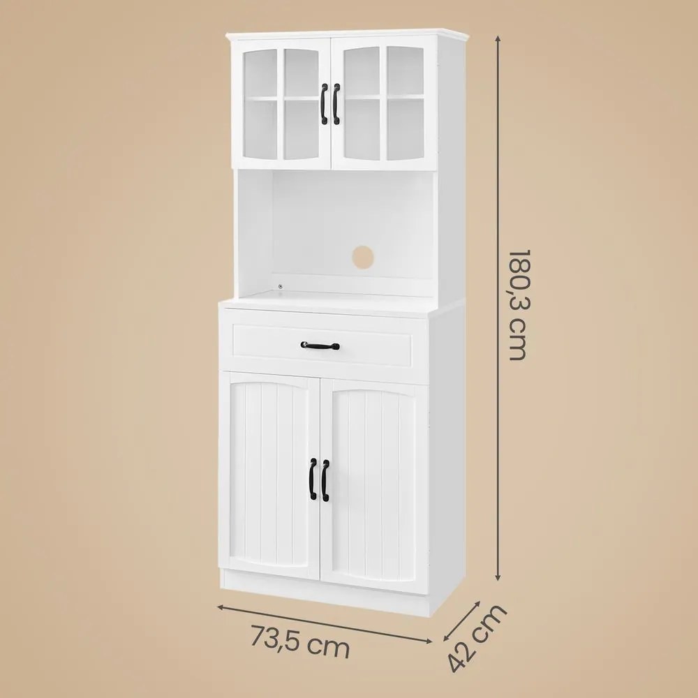 Armário de cozinha com portas de vidro 41,5 x 73 x 179,8 cm, prateleiras ajustáveis Branco