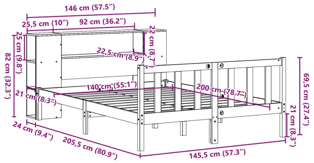 Cama com estante sem colchão 140x200 cm pinho maciço