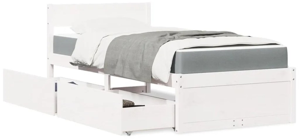 vidaXL Cama com gavetas e colchão 90x190 cm pinho maciço branco