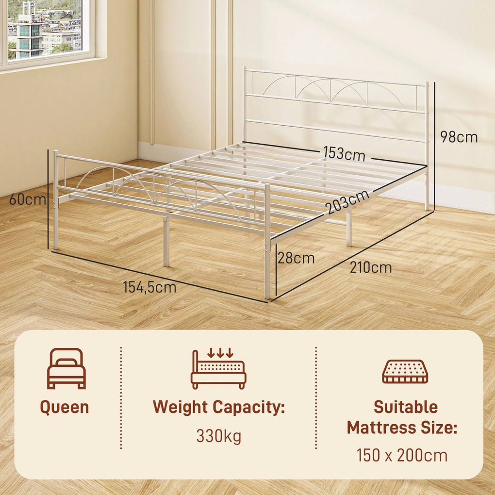 Cama de Casal 150x200 cm com Cabeceira de Ripas de Aço e Espaço de Arrumação Debaixo da Cama Carga 330 kg Branca