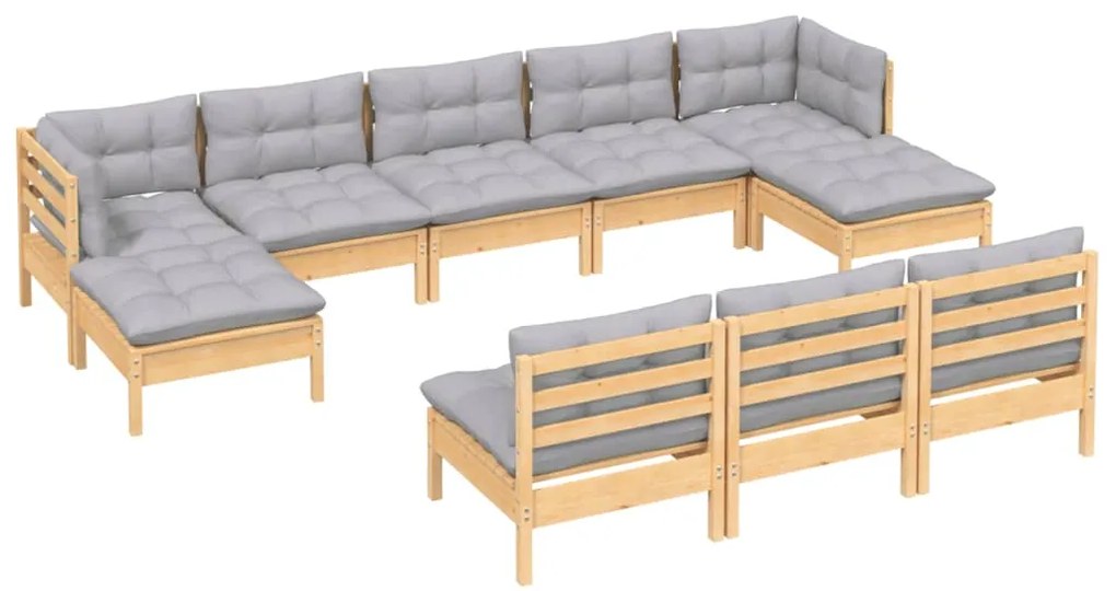 10 pcs conjunto lounge de jardim c/ almofadões cinzentos pinho