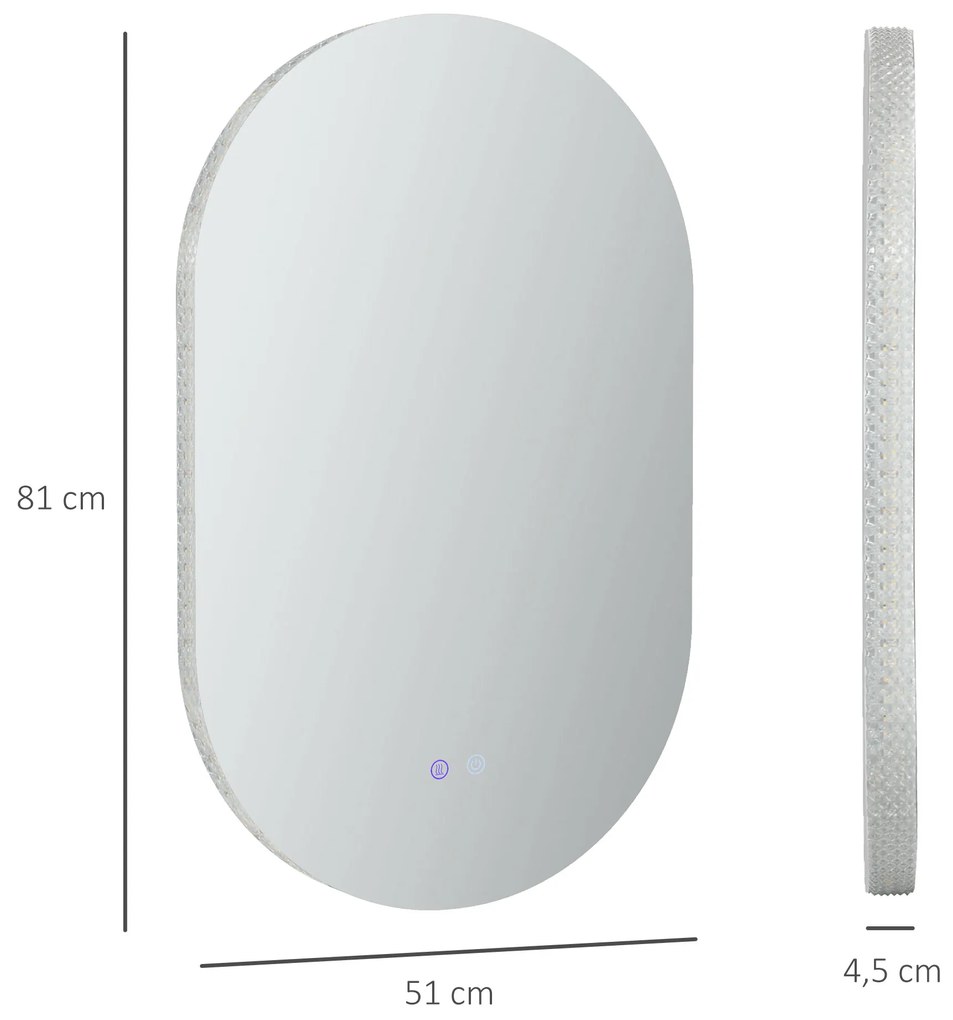 kleankin Espelho Casa de Banho com Luzes LED 81x51 cm Espelho de Parede com 3 Cores Ajustáveis Função Antiembaciamento Interruptor Tátil Horizontal ou Vertical Prata