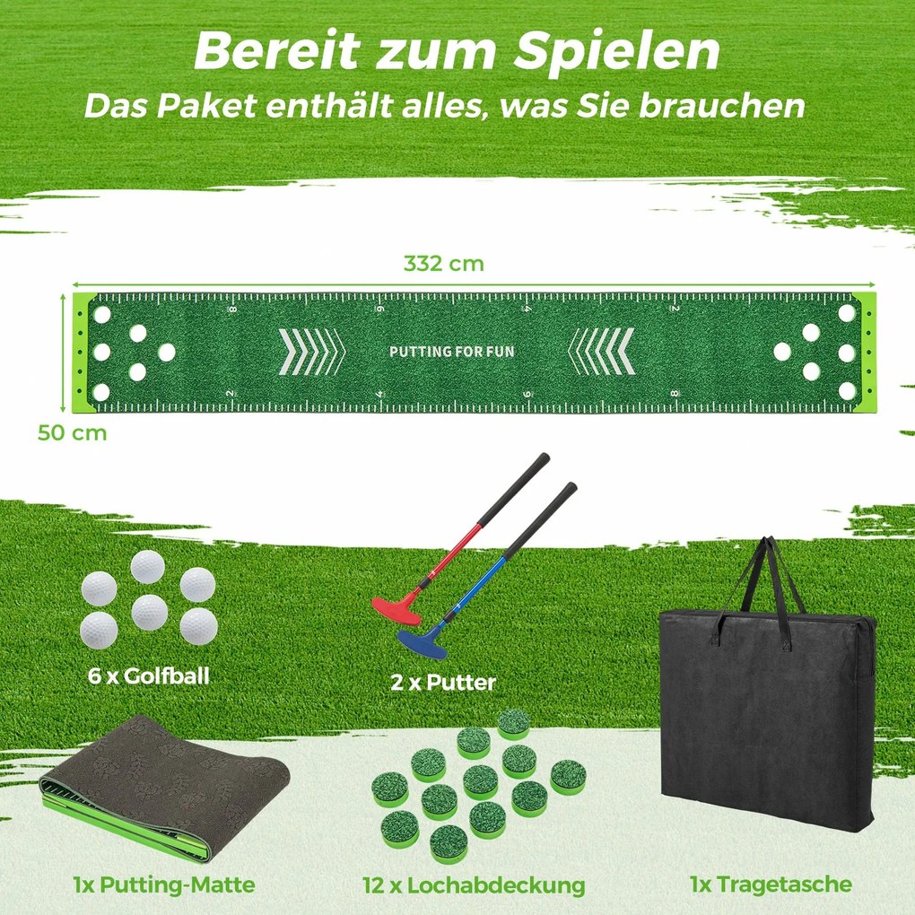 Tapete de golfe de 332 cm com 2 tacos ajustáveis e 6 bolas Tapete de treino de golfe Golf Verde
