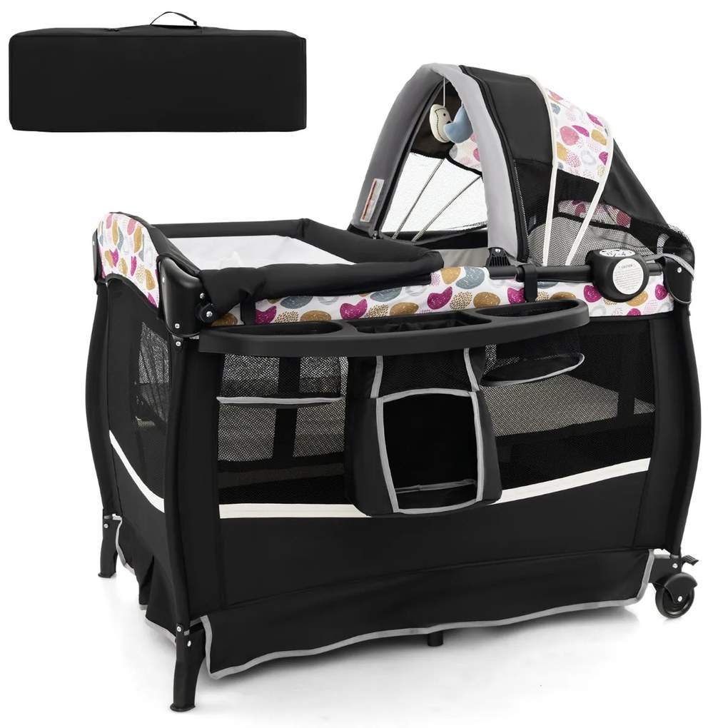 Berço de viagem 4 em 1 com colchão, cama dobrável com folhas de dossel ajustáveis
