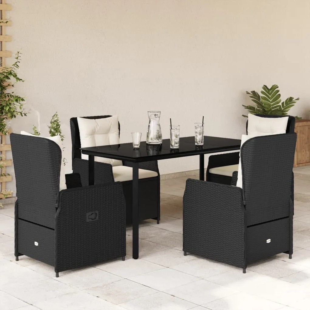 5 pcs conjunto de jantar p/ jardim c/ almofadões vime PE preto