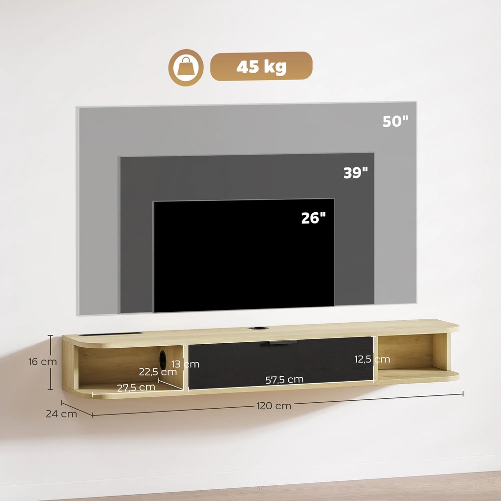 Móvel de TV suspenso 120 x 24 x 16 cm, móvel para televisores até 50 polegadas, com gaveta rebatível e 2 prateleiras, preto e castanho