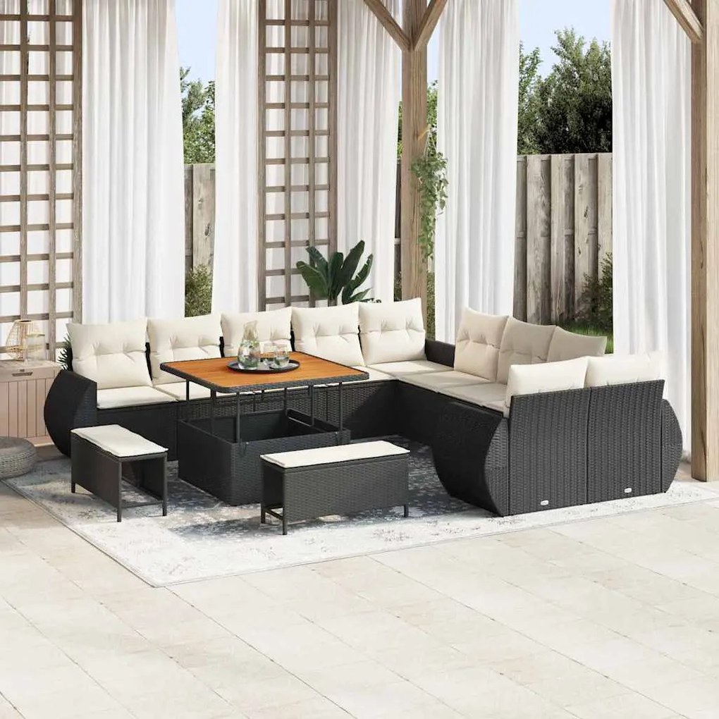 vidaXL Conjunto de sofá de jardim com 13 peças e almofadas, em rattan sintético preto e acácia.