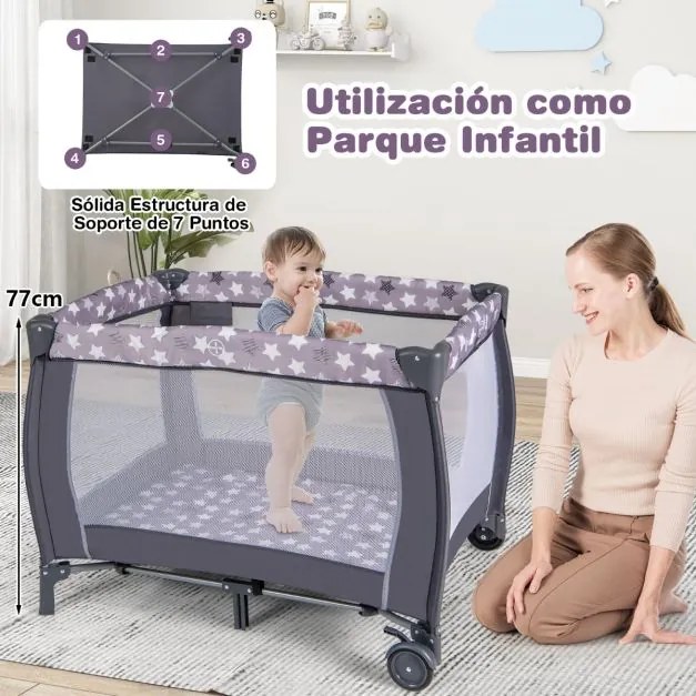 Berço portátil Parque infantil multifuncional três em um Cesto removível Trocador fraldas Colchão e Caixa de música cinza