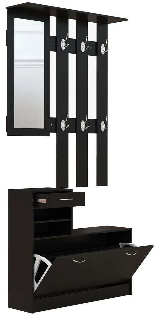 HOMCOM Móvel de Entrada Cabideiro com Sapateira e Espelho em Aglomerado 90x10x102 cm Preto | Aosom Portugal