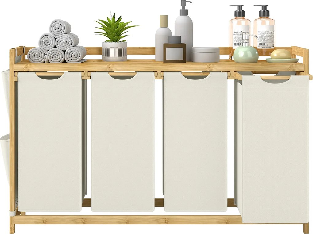 Cesto da roupa suja com 4 compartimentos, bambu 200 L, 124,6 x 33 x 78 cm branco
