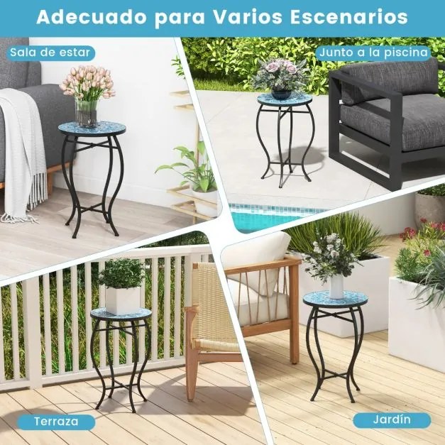Mesa auxiliar de jardim em Mosaico 35 x 55 cm (diâmetro x altura) com tampo em cerâmica resistente para varanda e jardim Azul