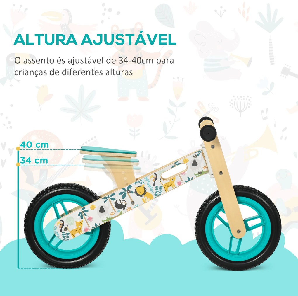 AIYAPLAY Bicicleta sem Pedais de Madeira para Crianças de 3-6 Anos com Assento Ajustável 34-40cm Bicicleta de Equilíbrio Infantil com Rodas de 12" Car