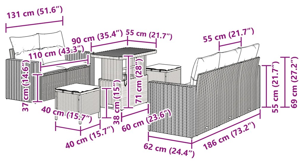 Conjunto de Sofá de Jardim 8 Peças com Almofadas Cinza Rattan Poli Acá