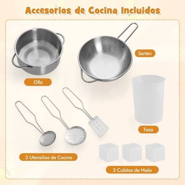 Cozinha de brincar em madeira para crianças com exaustor, exaustor de gelo, lava-loiça, torneira, forno de micro-ondas Castanha