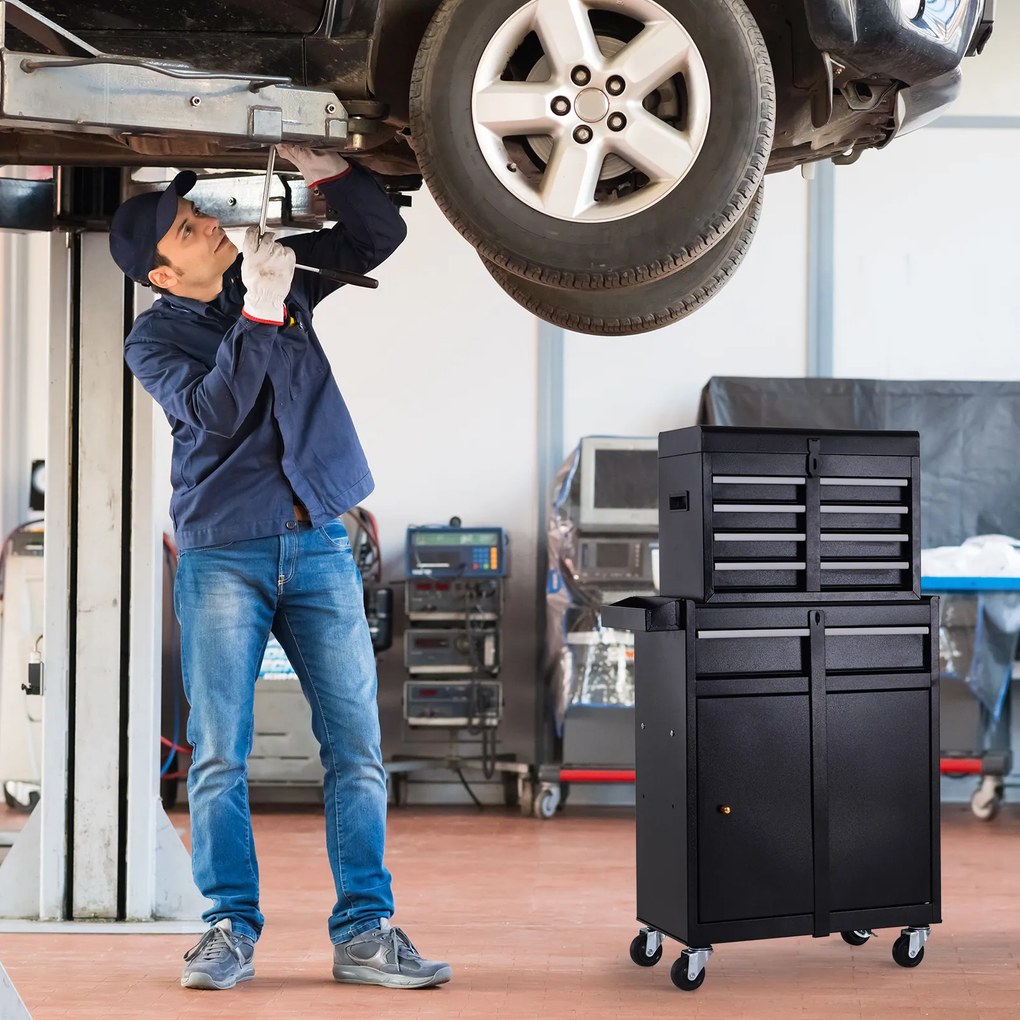 Carro de Ferramentas com Rodas Carro de Ferramentas Móvel com 5 Gavetas Armário de Armazenamento e Almofada Antiderrapante Carga 52kg para Garagem 60x28x104,5cm Preto