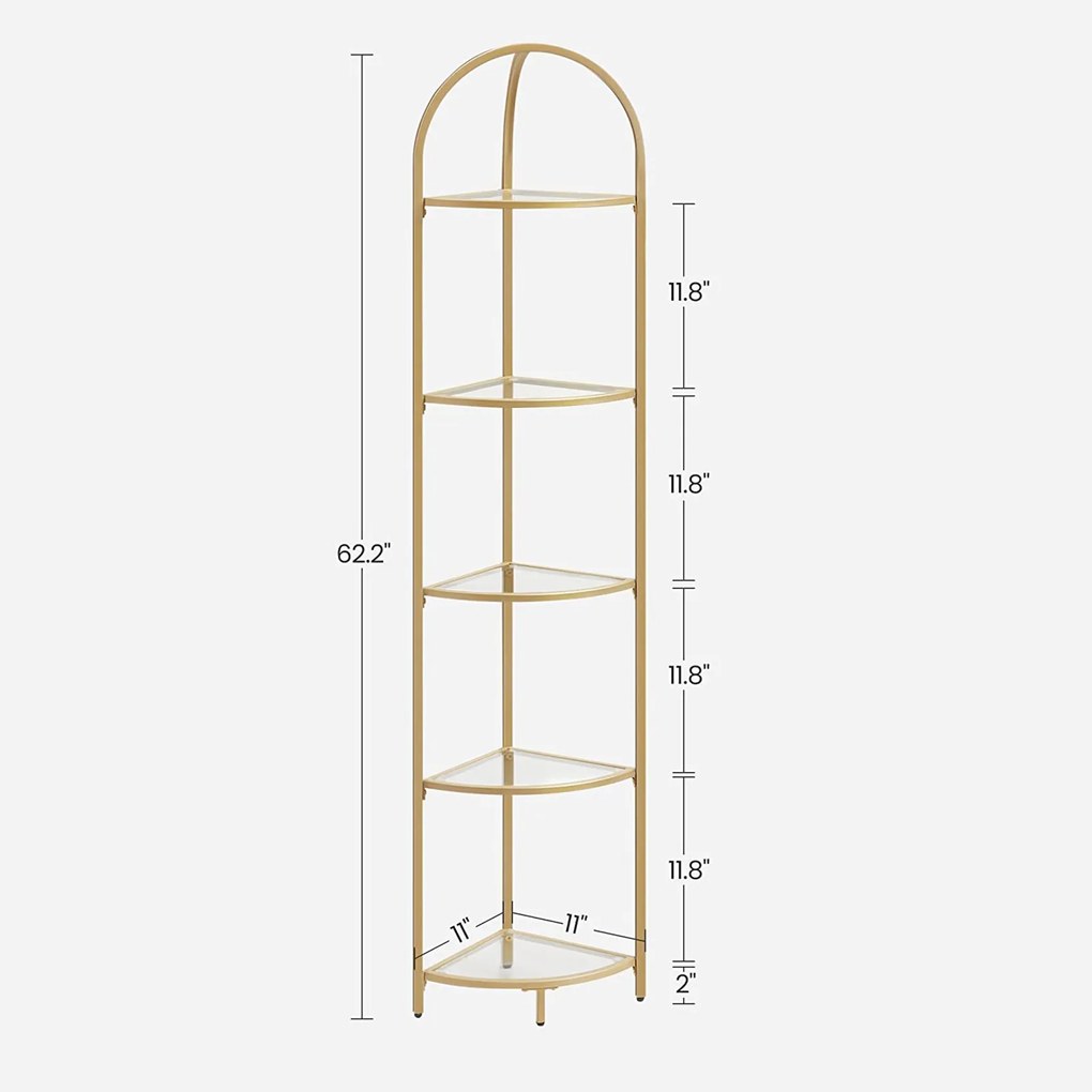 Estante de canto com 5 prateleiras 28 x 28 x 158 cm Vidro, metal Dourada