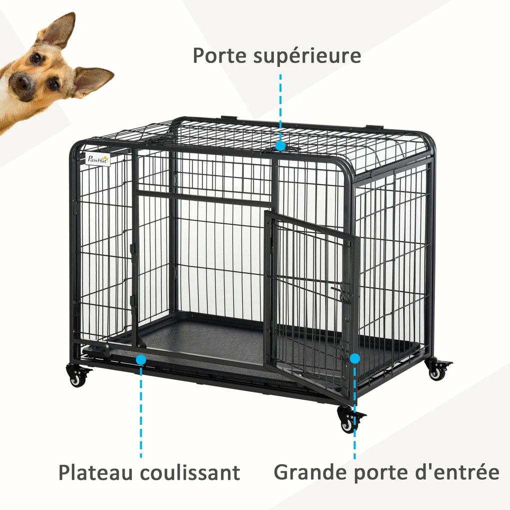 Gaiola dobrável para cães 94x 58 x 69,5 cm, gaiola de transporte com Rodas, 2 portas com fecho, tabuleiro removível metal cinzento-preto