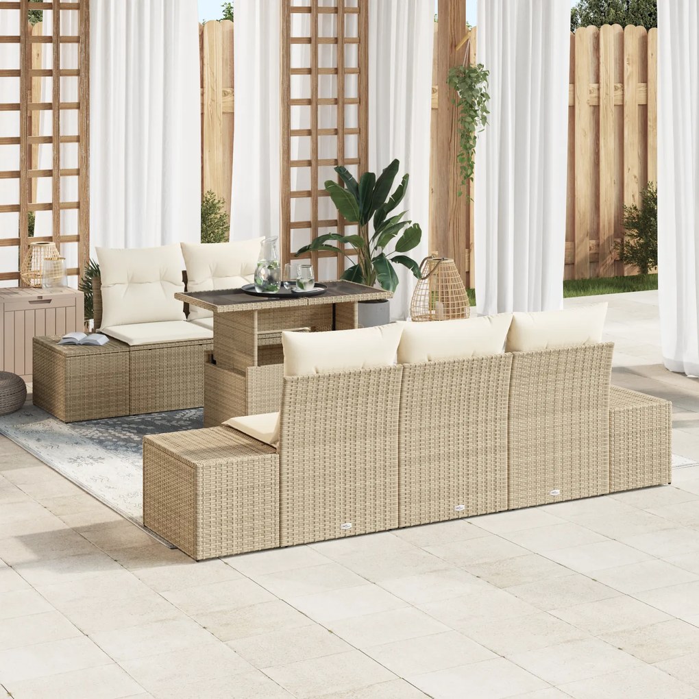 vidaXL Conjunto de Sofá de Jardim em 6 Peças com Almofadas Bege Polirattan