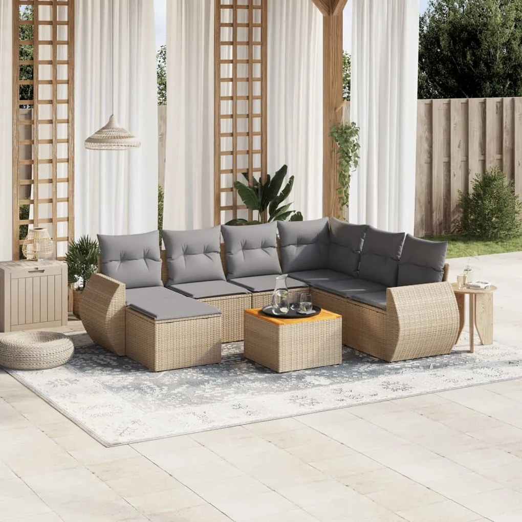 8 pcs conjunto de sofás p/ jardim com almofadões vime PE bege