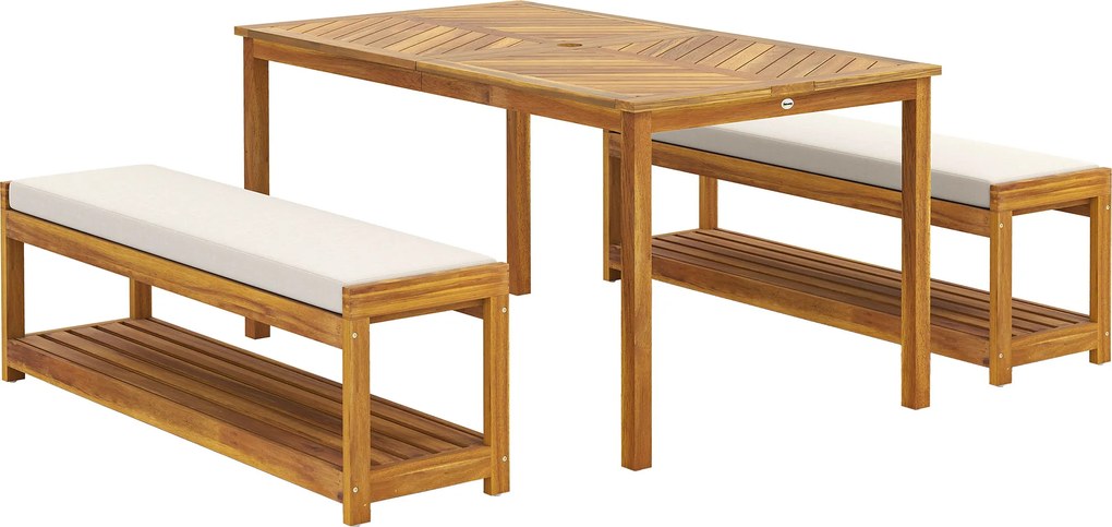 Outsunny Conjunto de 3 peças para jardim, conjunto de assentos com 1 mesa de jantar com orifício para guarda-sol, 2 bancos 150 x 85 x 75 cm Teca | Aosom Portugal