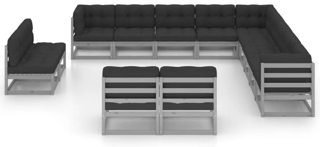 13 pcs conj. lounge jardim c/ almofadões pinho maciço cinzento