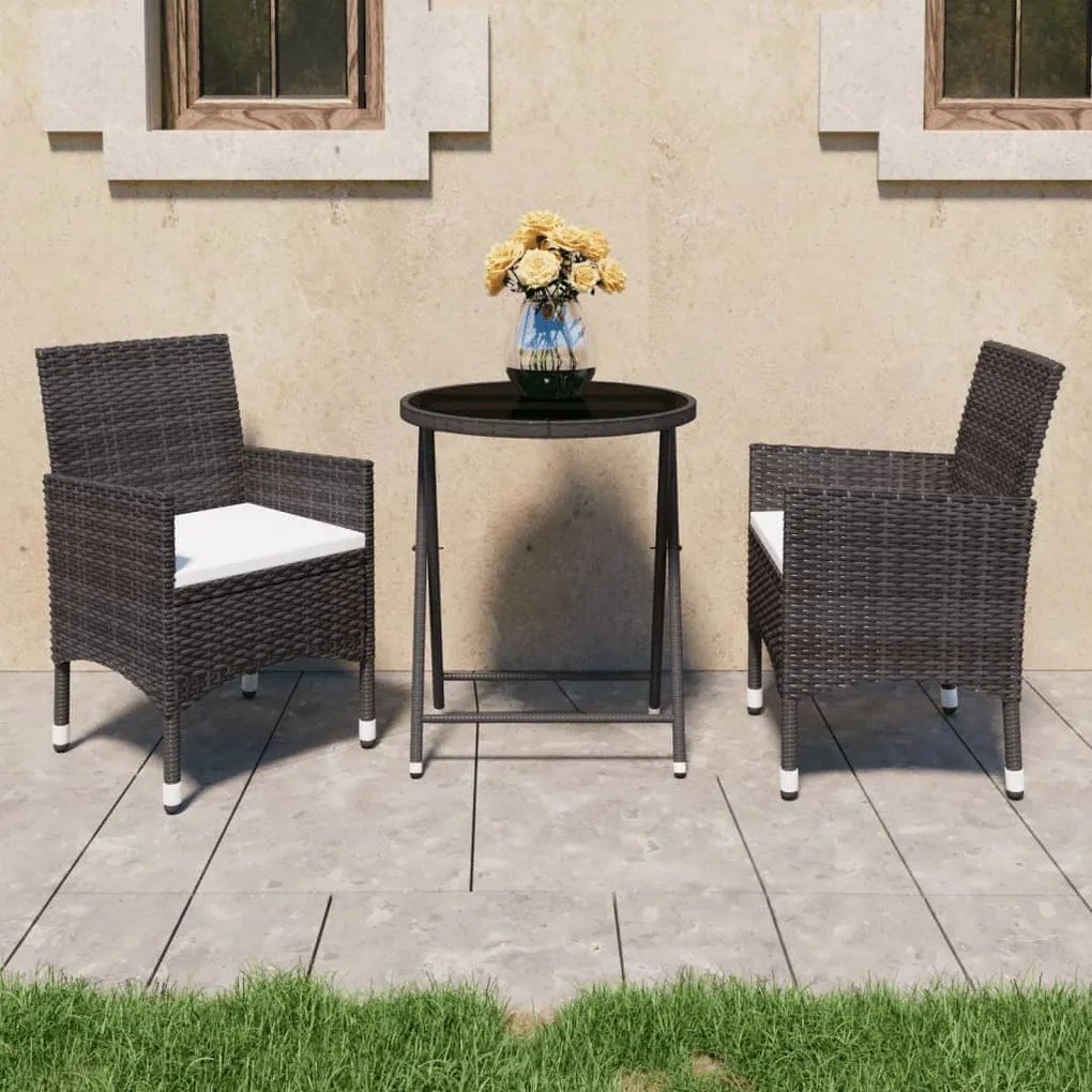 3 pcs conj. bistrô de jardim vime PE e vidro temperado castanho