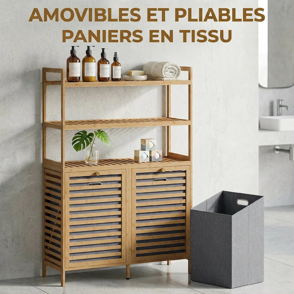 Móvel de casa de banho 80 L x 30 P x 118 A cm com cesto de roupa suja em bambu, com 2 cestos amovíveis e prateleiras de 3 níveis, em cor carvalho