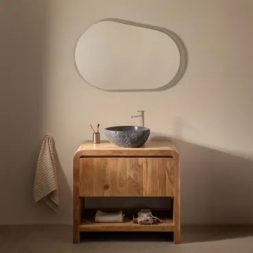 Conjunto De Móvel De Casa De Banho Em Madeira Vacry Castanho Acácia & Oval Led E Anti-embaciamento 100x80 Cm Riben & ↔︎ 90 Cm & Cinzento - Sklum