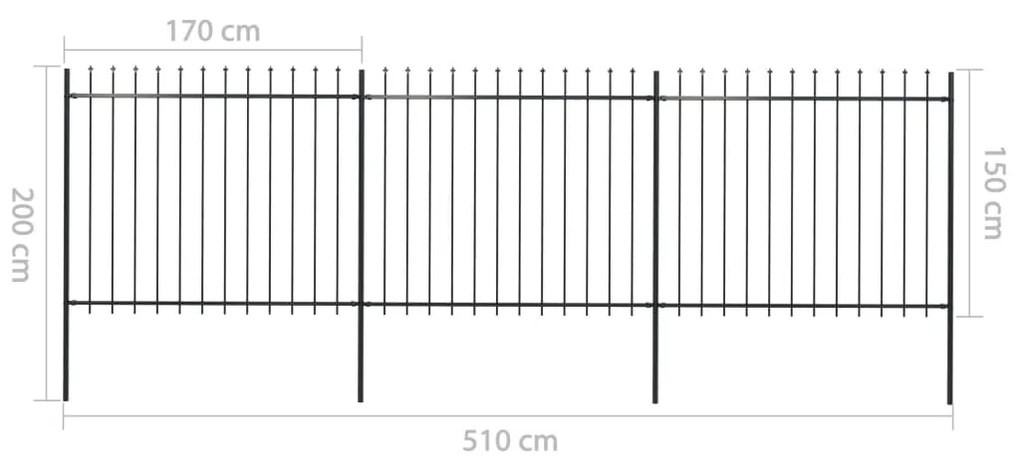 Cerca de jardim com topo em lanças 5,1x1,5 m aço preto