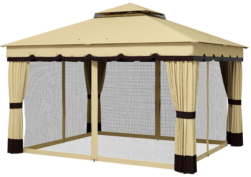 Pérgola de Jardim 370x300x275 cm com 4 Paredes Laterais 4 Mosquiteiros Teto Duplo Impermeável e Anti-UV para Terraço Bege