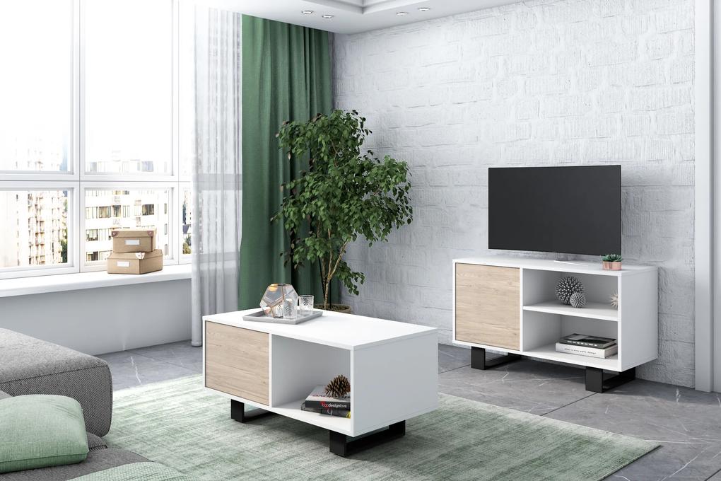 Móvel de TV 100 com porta esquerda, sala de estar, modelo WIND, cor da estrutura Branco, cor da porta Carvalho, medidas 95x40x57cm de altura.