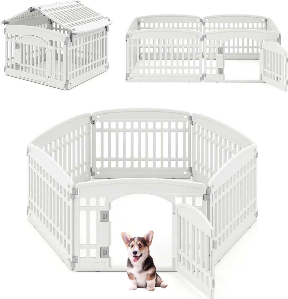 Parque para animais de estimação com 6 painéis e porta com fecho de segurança Ideal para cães pequenos e médios Interior e exterior Branco