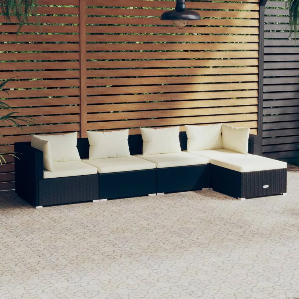 vidaXL 5 pcs conjunto lounge de jardim c/ almofadões vime PE preto