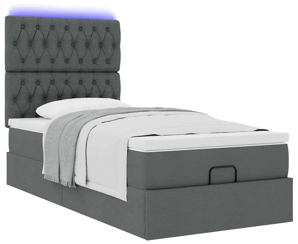 Cama otomana com colchão & LEDs 90x200cm tecido cinzento escuro