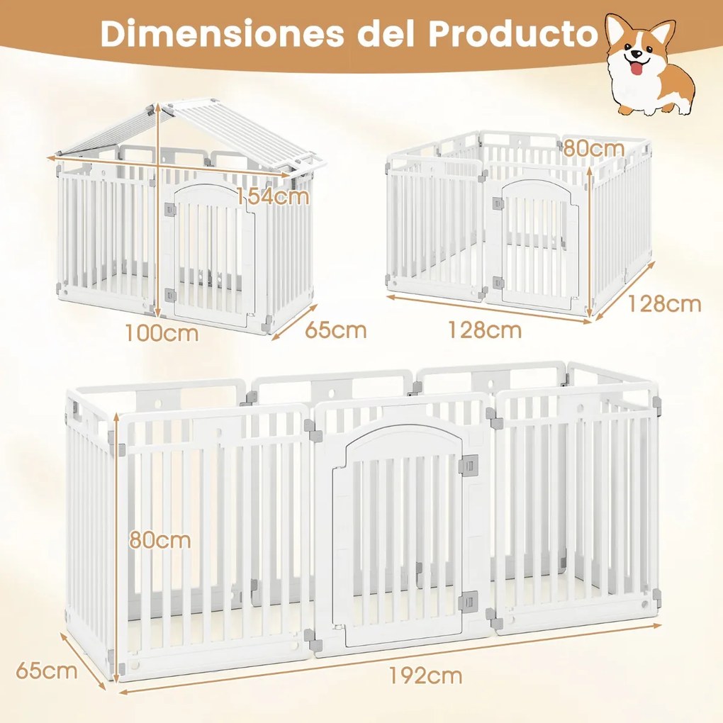Barreira de plástico para cães com 8 painéis de 80 cm de altura com porta de segurança para cães pequenos e médios, gaiola dobrável branca