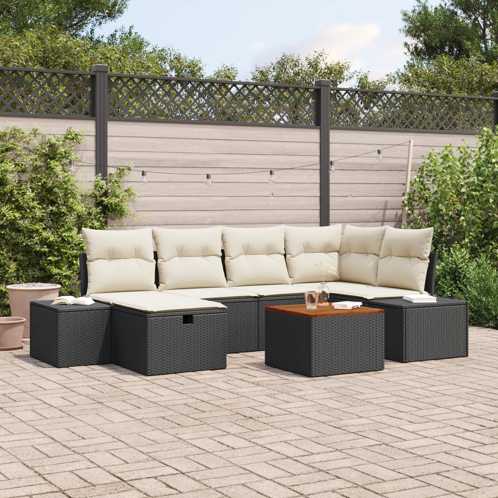Conjunto de sofá de jardim de 7 peças com almofadas em rattan preto