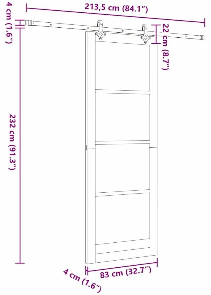 Porta Deslizante com Conjunto de Hardware "ORKDAL" Madeira Sólida de P