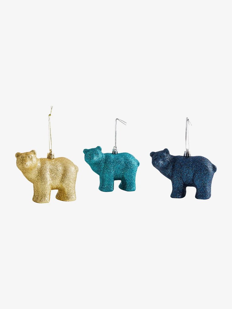 Oferta do IVA - Lote de 3 decorações de natal, Ursos com purpurinas verde escuro liso com motivo