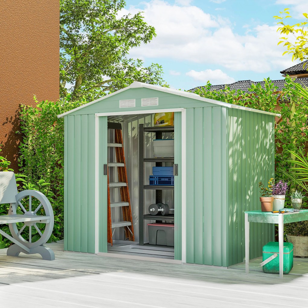 Abrigo de Jardim 213x130x185cm Abrigo de Jardim Metálico de Exterior com 2 Portas Deslizantes e 4 Janelas Verde Claro