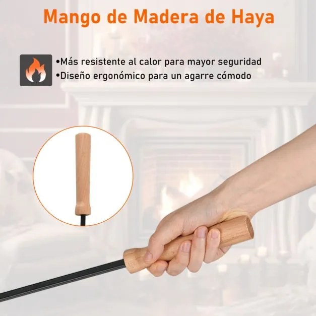 Conjunto de 4 utensílios para lareira com atiçador, pá, escova e suporte. Utensílios com cabo de madeira preta e natural.