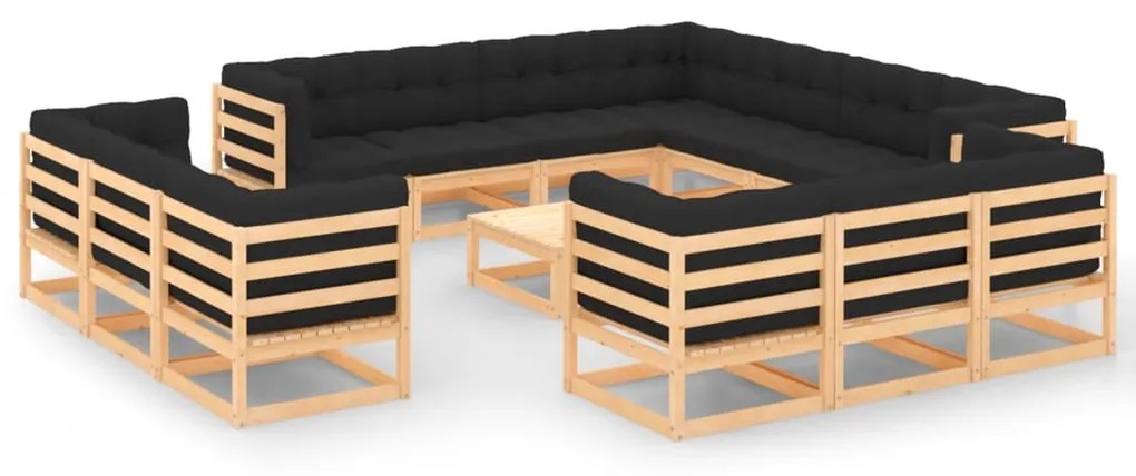 14 pcs conj. lounge jardim c/ almofadões antracite pinho maciço