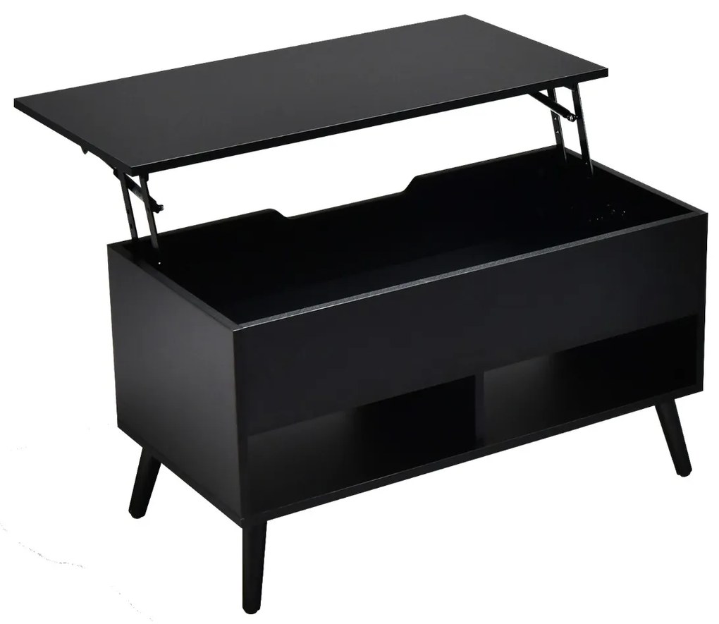 Mesa de centro com tampo elevável 80 x 40 x 46 cm, compartimento oculto e 2 prateleiras para sala de estar Preta