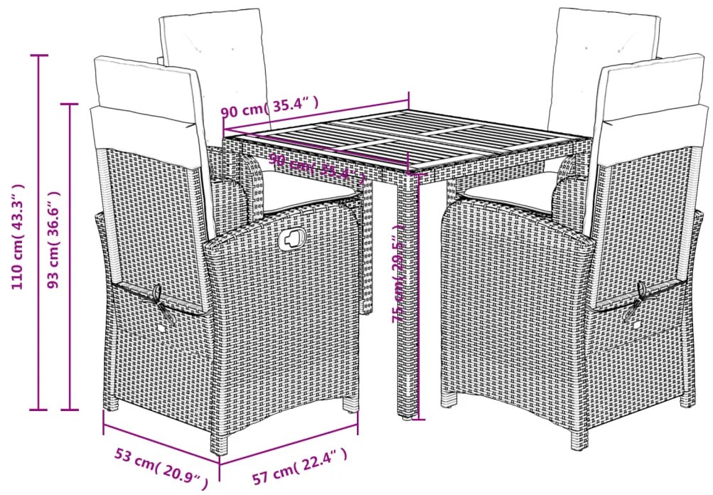 5 pcs conjunto de jantar p/ jardim c/ almofadões vime PE cinza