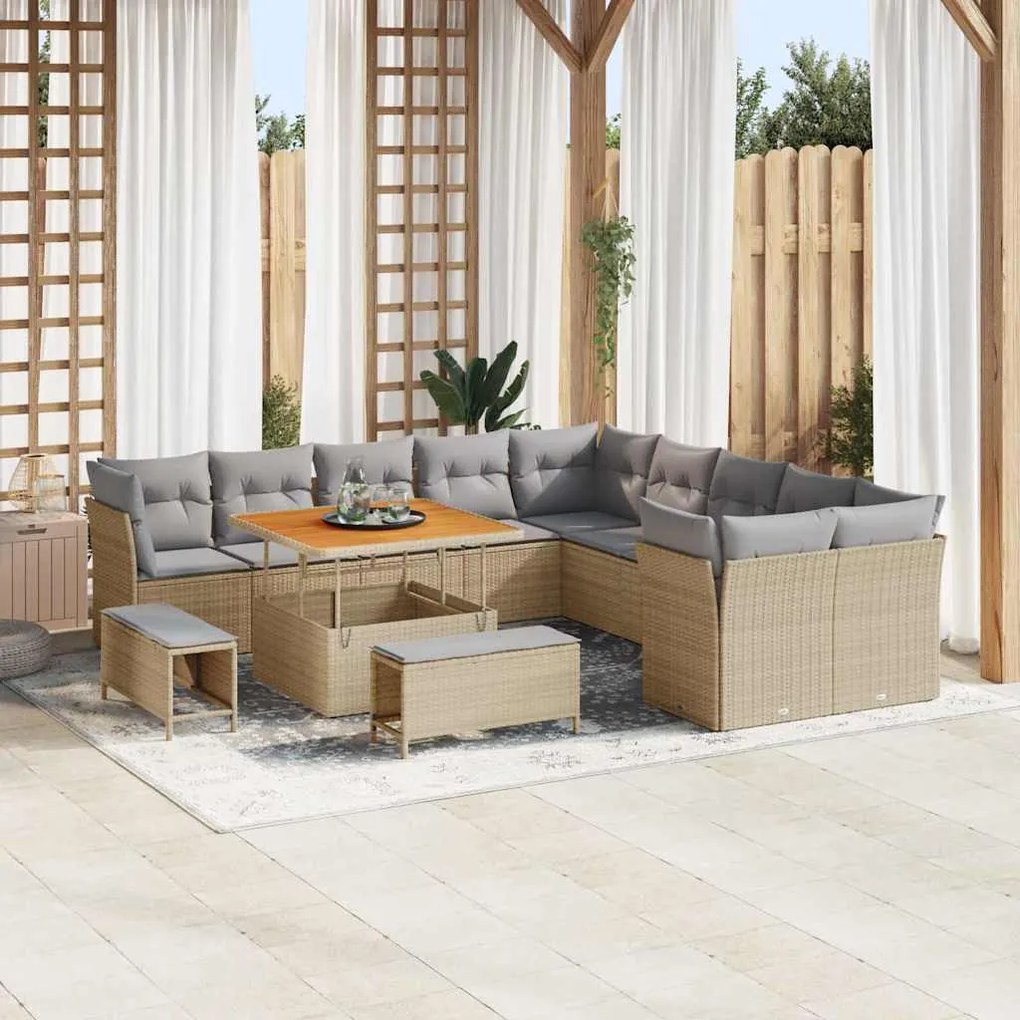 Conjunto de Sofá de Jardim vidaXL 13 Peças com Almofadas Bege Rattan A