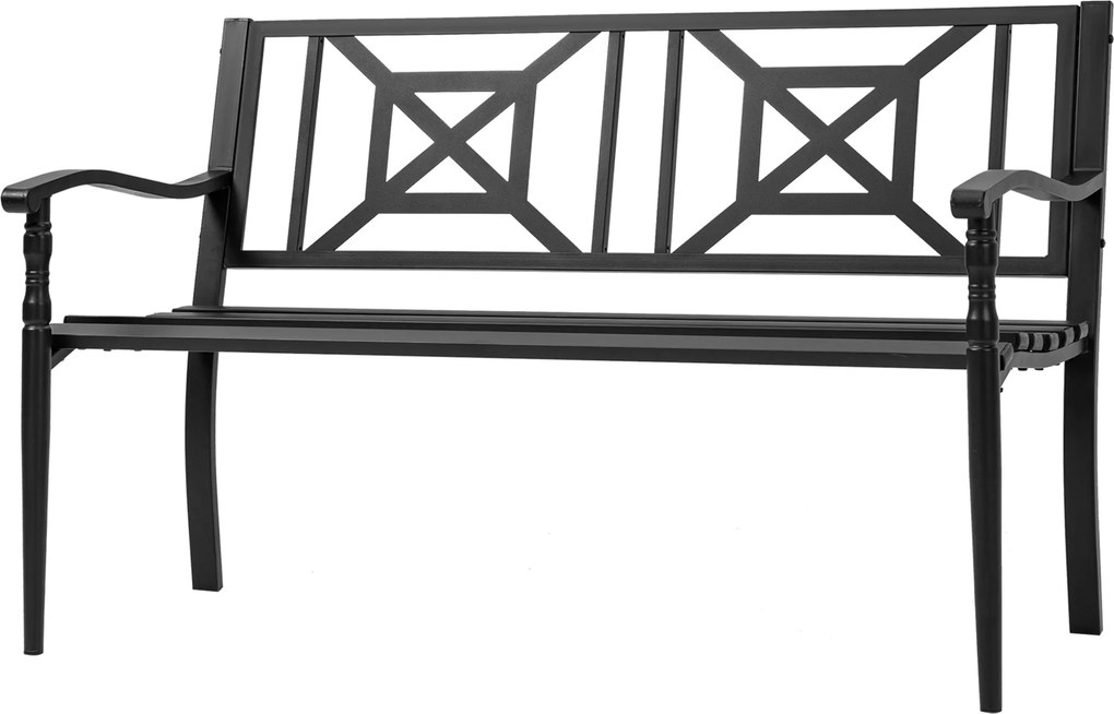 Banco de jardim de 2 lugares 128 x 62,5 x 81,5 cm, para exterior, terraço ou pátio, encosto alto, assento com ripas, braços confortáveis, aço, preto