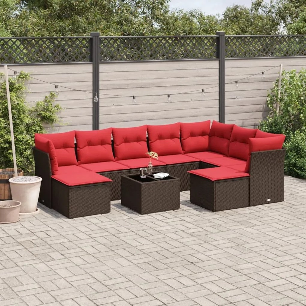 vidaXL 10 pcs conj. sofás jardim com almofadões vime PE castanho