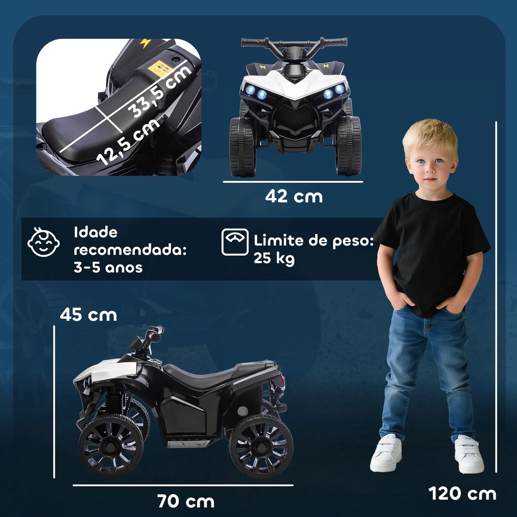 Moto 4 Elétrica Infantil 6V Quad para Crianças dos 37 aos 72 Meses Velocidade até 3 km/h Faróis e Música 70x42x45 cm Branco