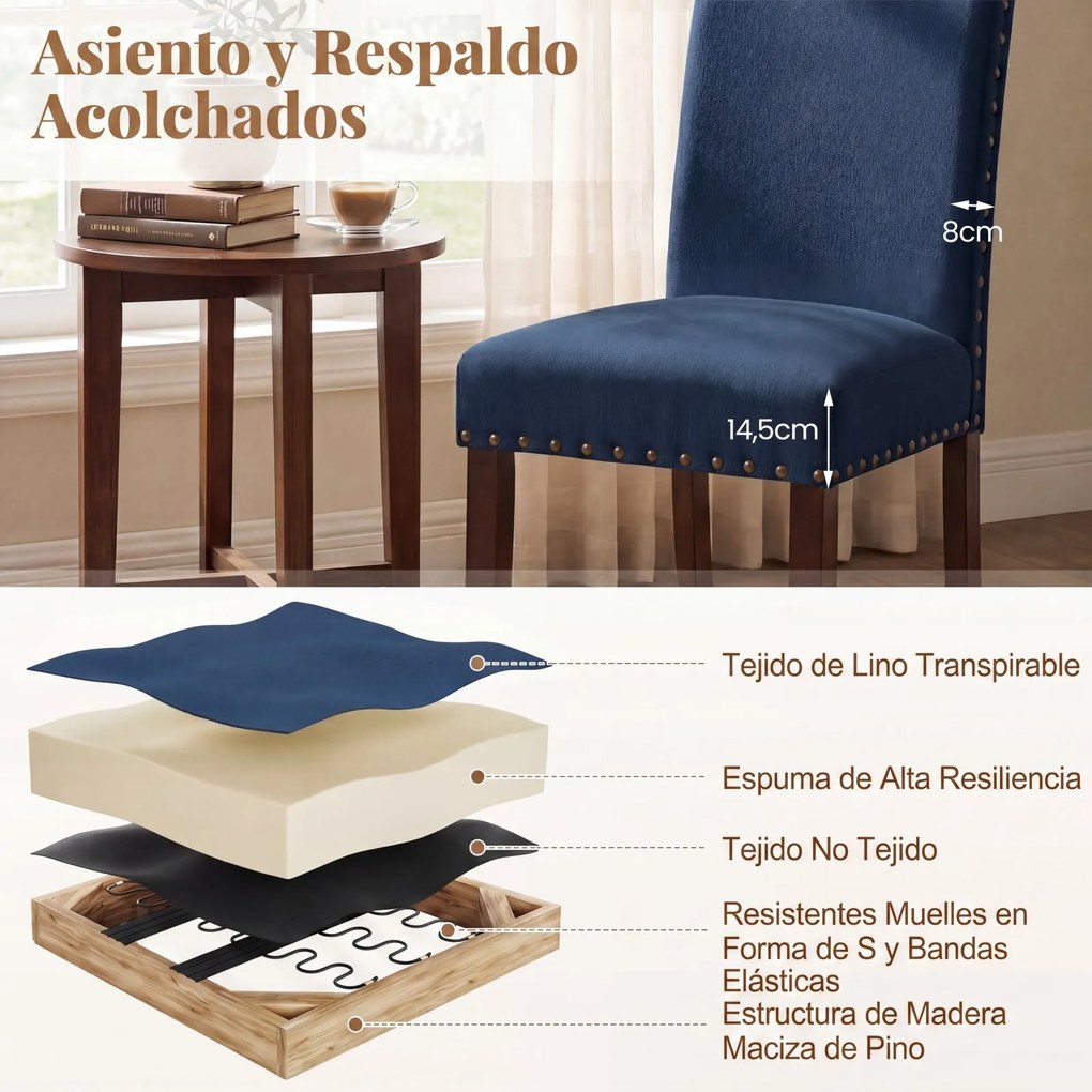 Conjunto de 2 Cadeiras de Jantar Estofadas, 44,5 x 67 x 96 cm, Assento e Encosto Acolchoados, Azul-marinho