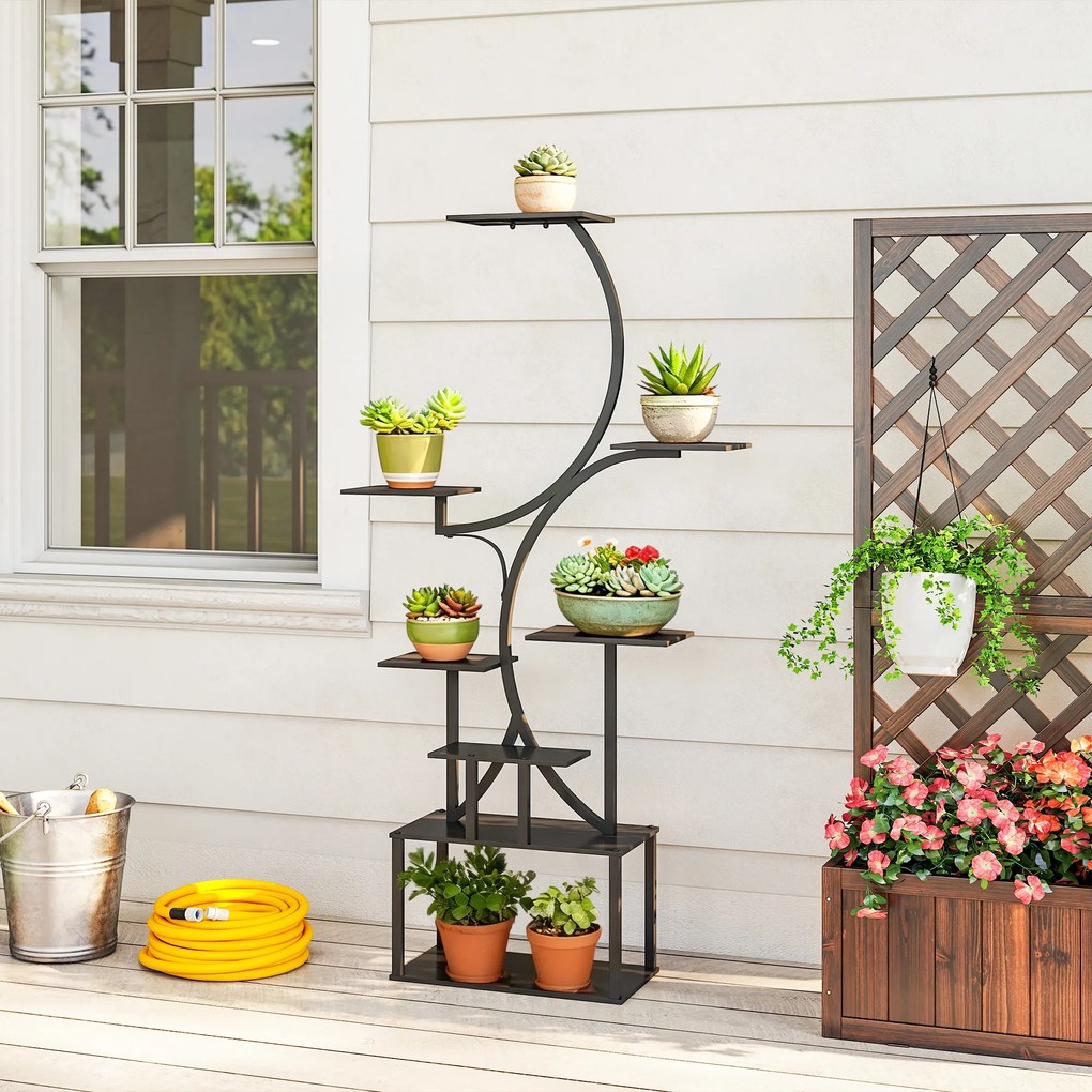 Estante para flores em metal com 8 níveis, estante para plantas em forma de S com 158,5 cm, para interior e exterior, preta